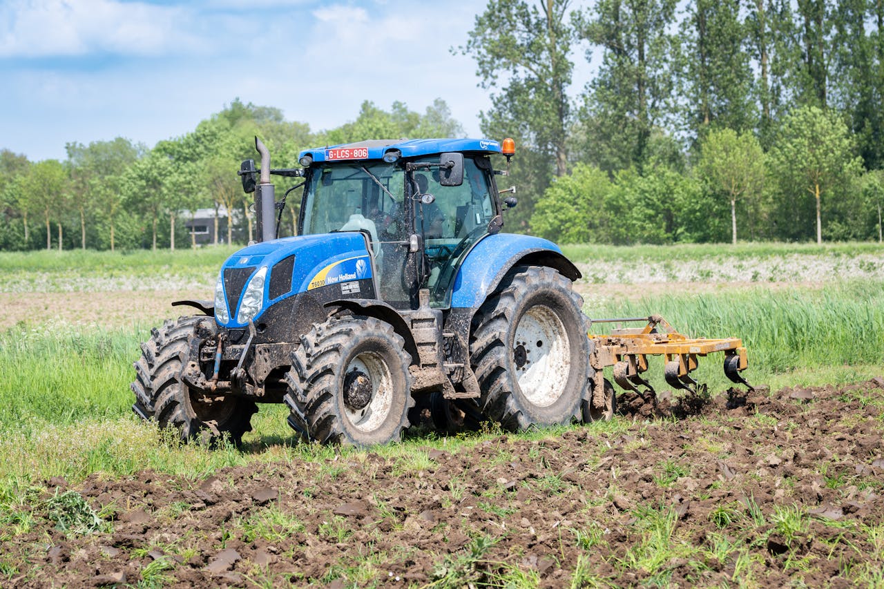 A blue tractor cultivating a green field with trees in the background on a sunny summer day.